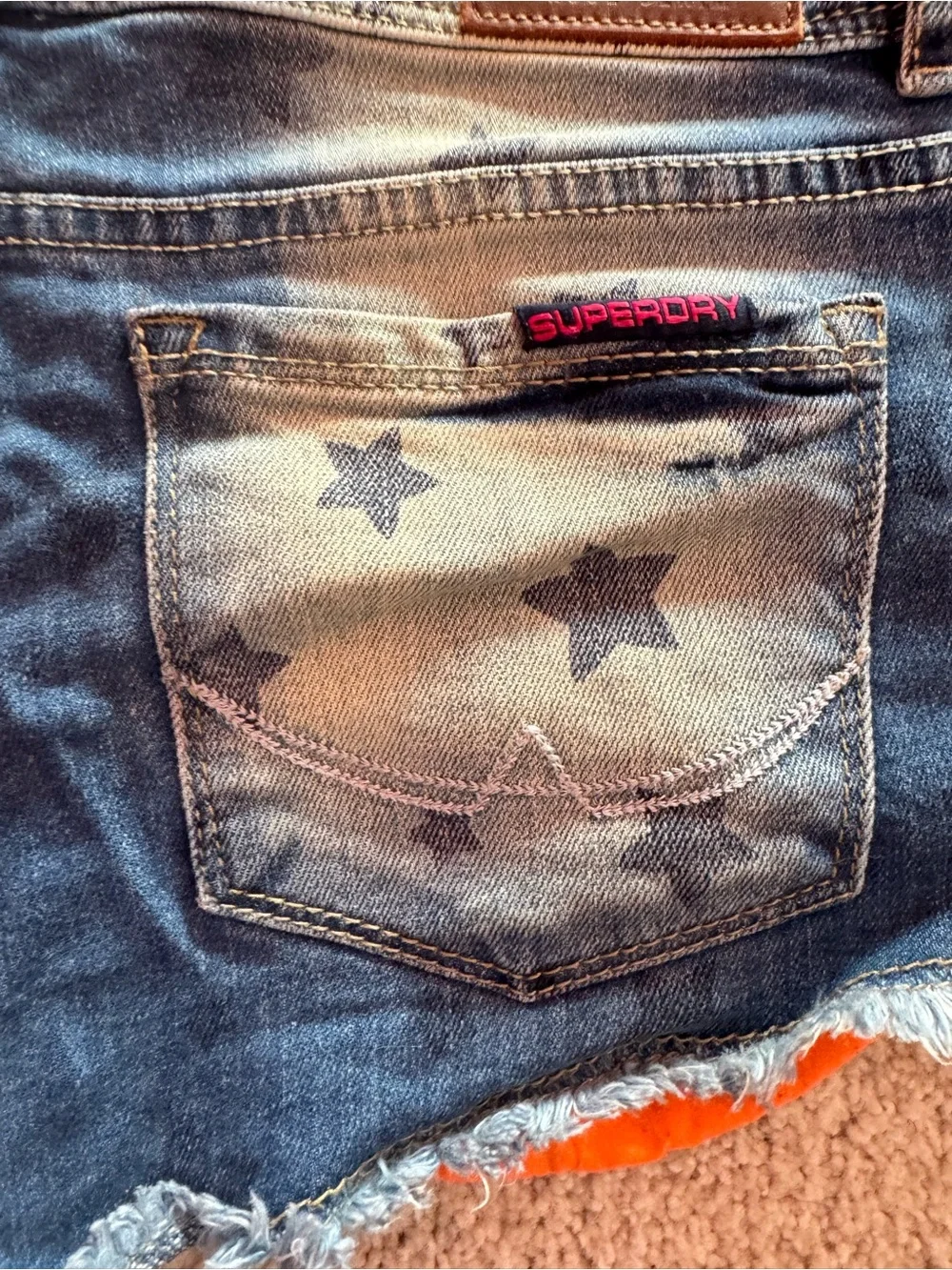 Superdry Women's Blue Distressed Denim Shorts with Orange Trim - Picture 9 of 9